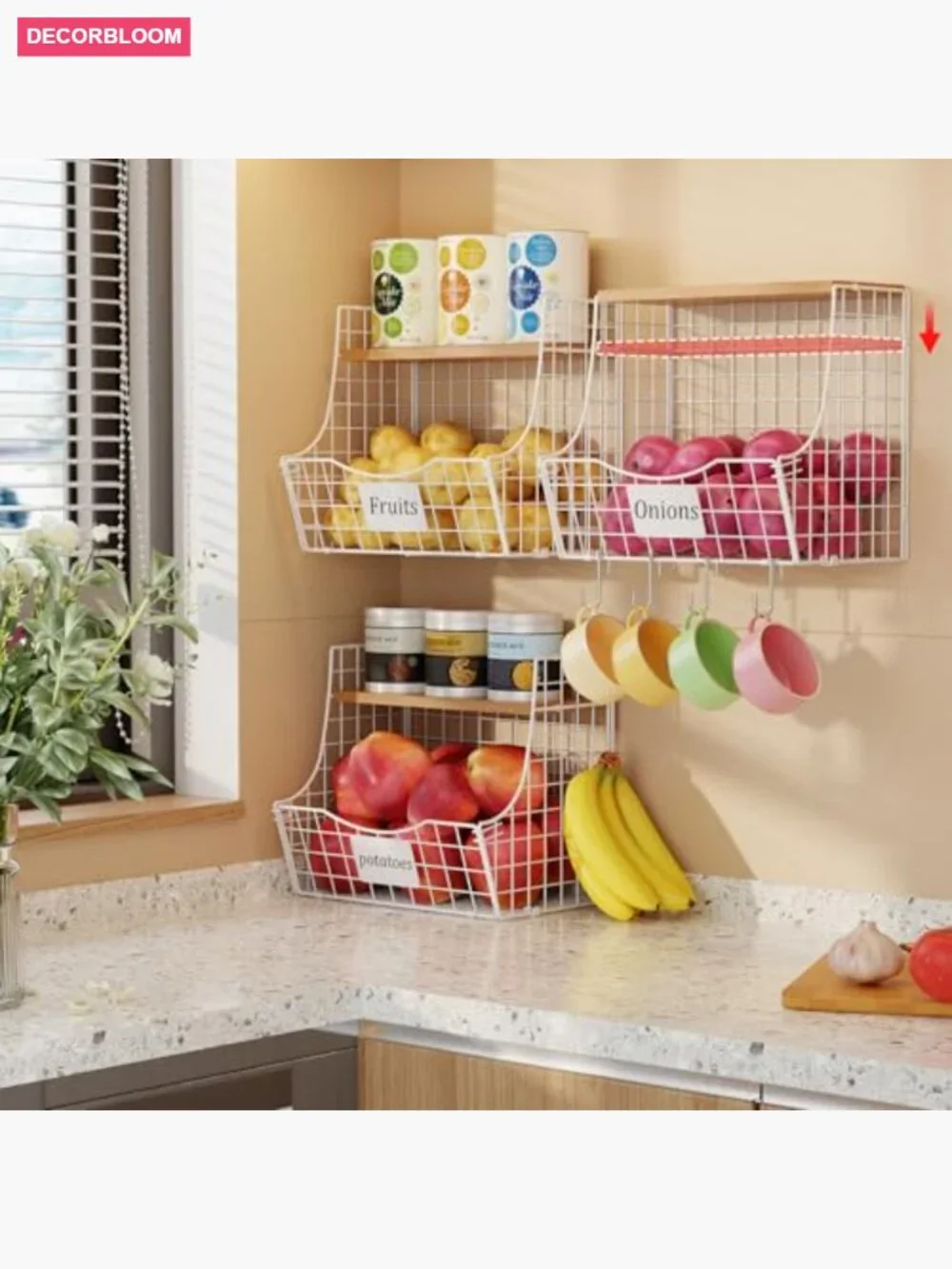 3 Tier Hanging Fruit Basket Stackable with Wood Lid, Kitchen Storage